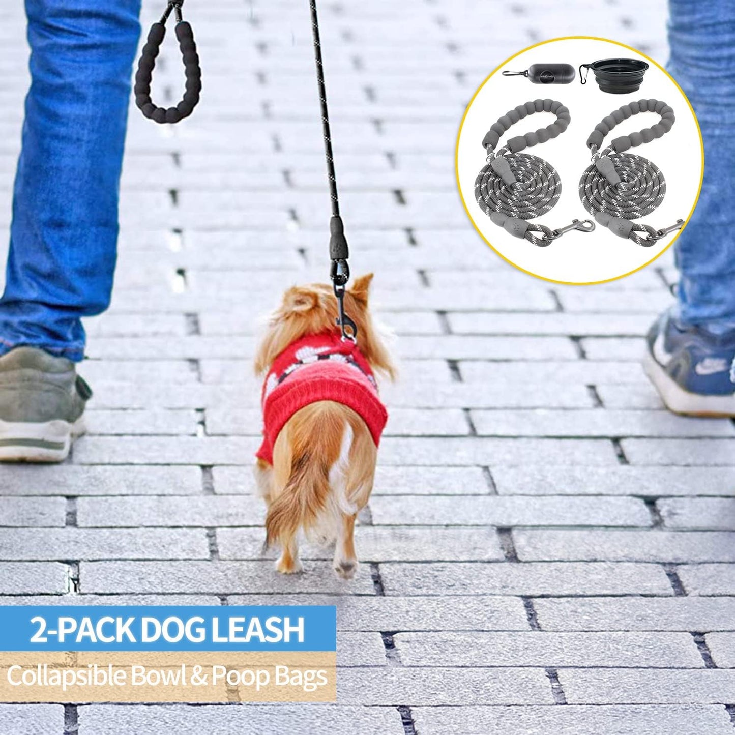 2 Packs 5/6 FT Dog Leash with Comfortable Padded Handle and Highly Reflective Threads Dog Leashes for Small Medium and Large Dogs (5FT-1/3'', Black+Black)